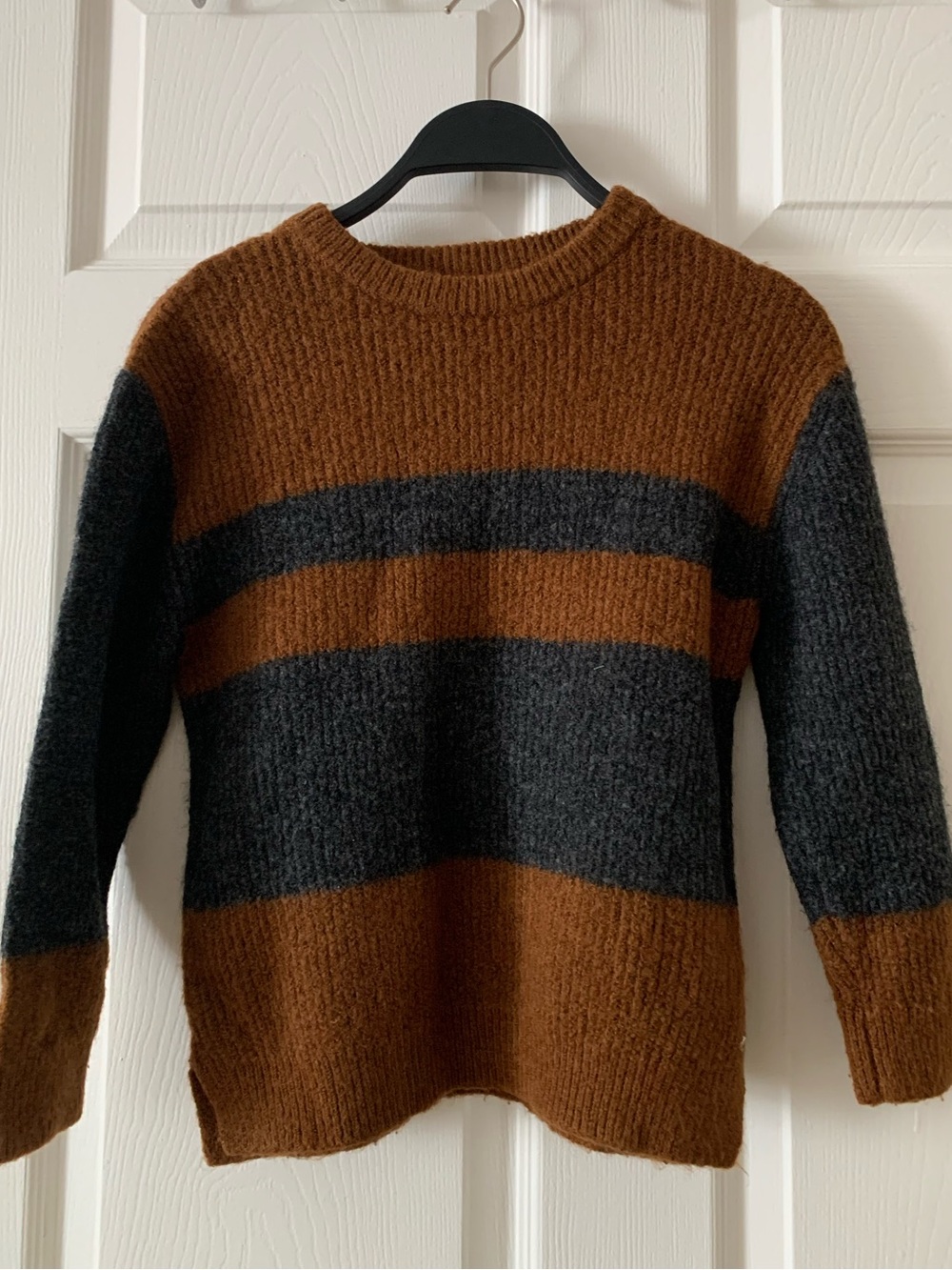 Kids Brown and Dark Gray Striped Crewneck Sweater, size 8